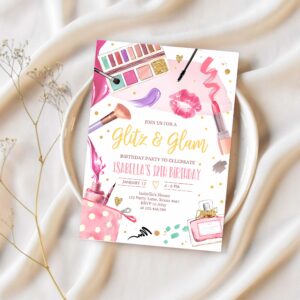 Editable glitz and glam birthday party spa party makeup birthday invitation pink gold girl download printable template corjl 0420 1