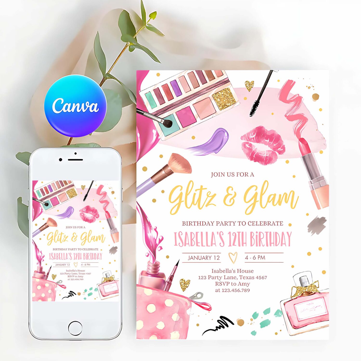Editable glitz and glam birthday party spa party makeup birthday invitation pink gold girl download printable template corjl 0420