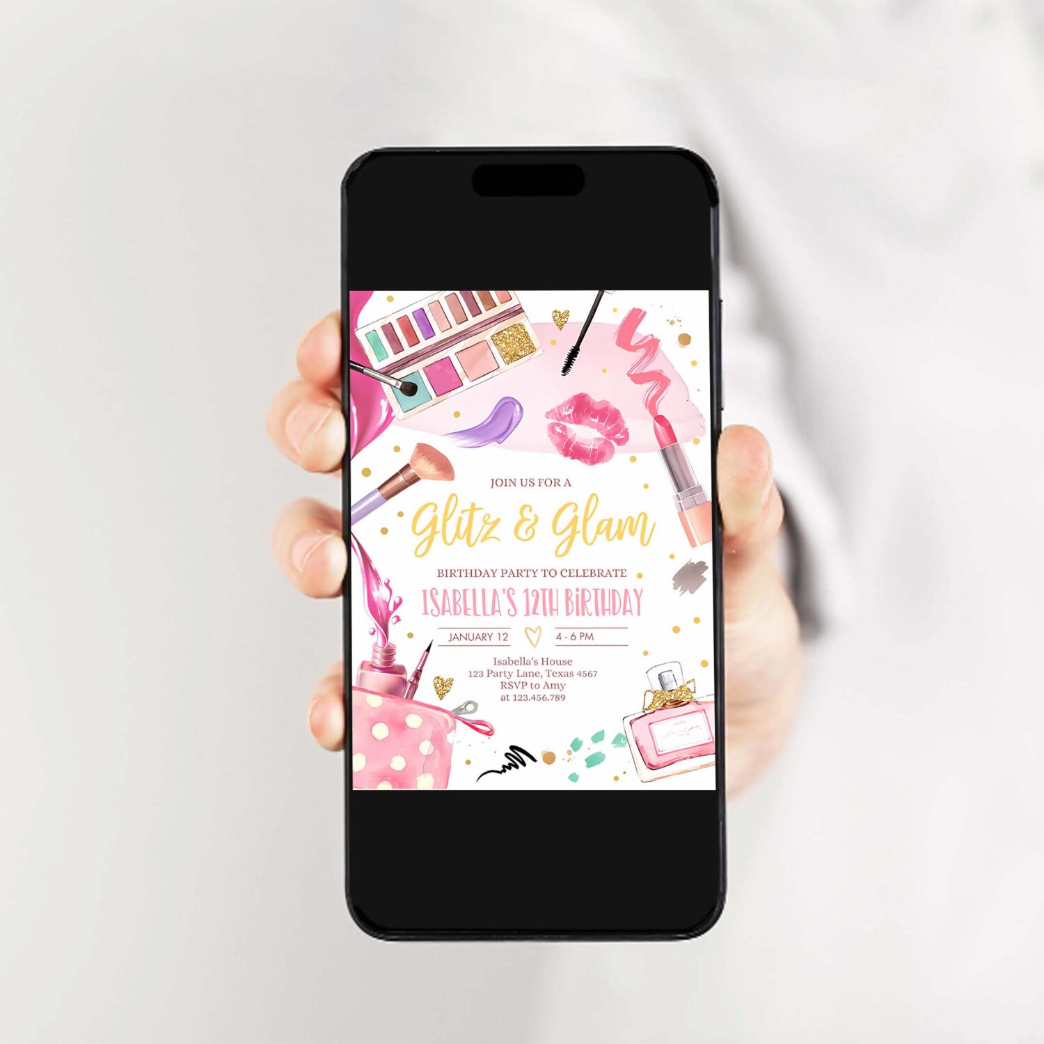 Editable glitz and glam birthday party spa party makeup birthday invitation pink gold girl download printable template corjl 0420 2