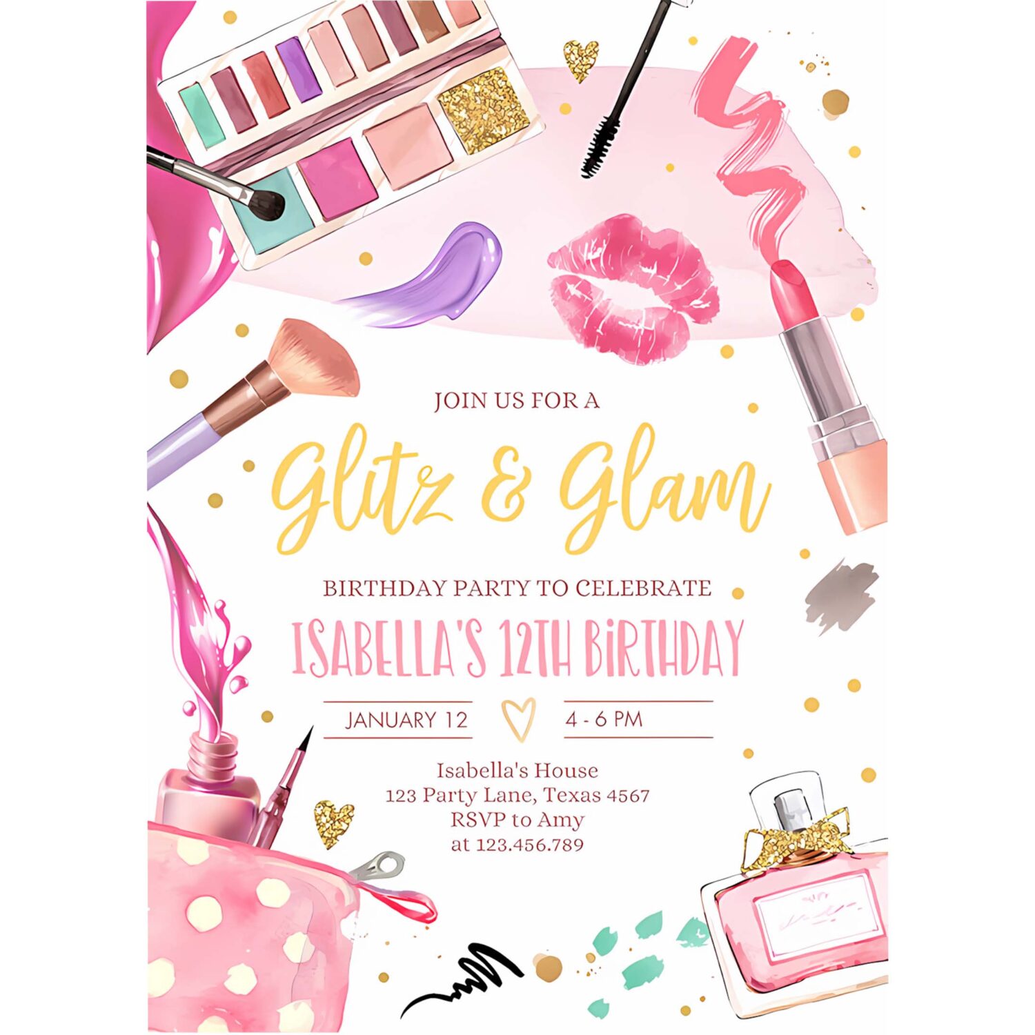 Editable glitz and glam birthday party spa party makeup birthday invitation pink gold girl download printable template corjl 0420 4
