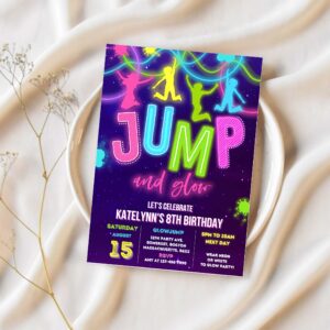 Editable glow jump invitation neon jump birthday invite jump and glow party bounce house glow in the dark jump party 1
