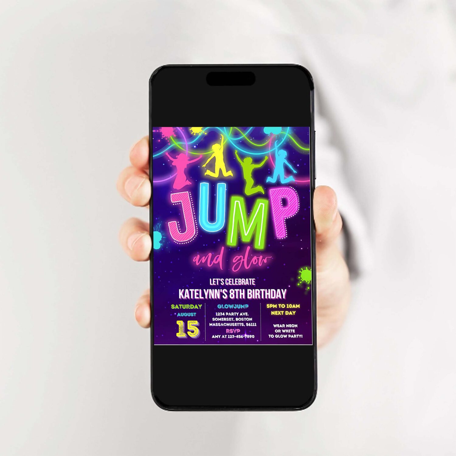 Editable glow jump invitation neon jump birthday invite jump and glow party bounce house glow in the dark jump party 2