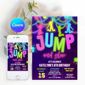 Neon Invitation, Neon Jump Birthday Invite Jump And Glow Party Bounce House Glow In The Dark Jump Party Invitation