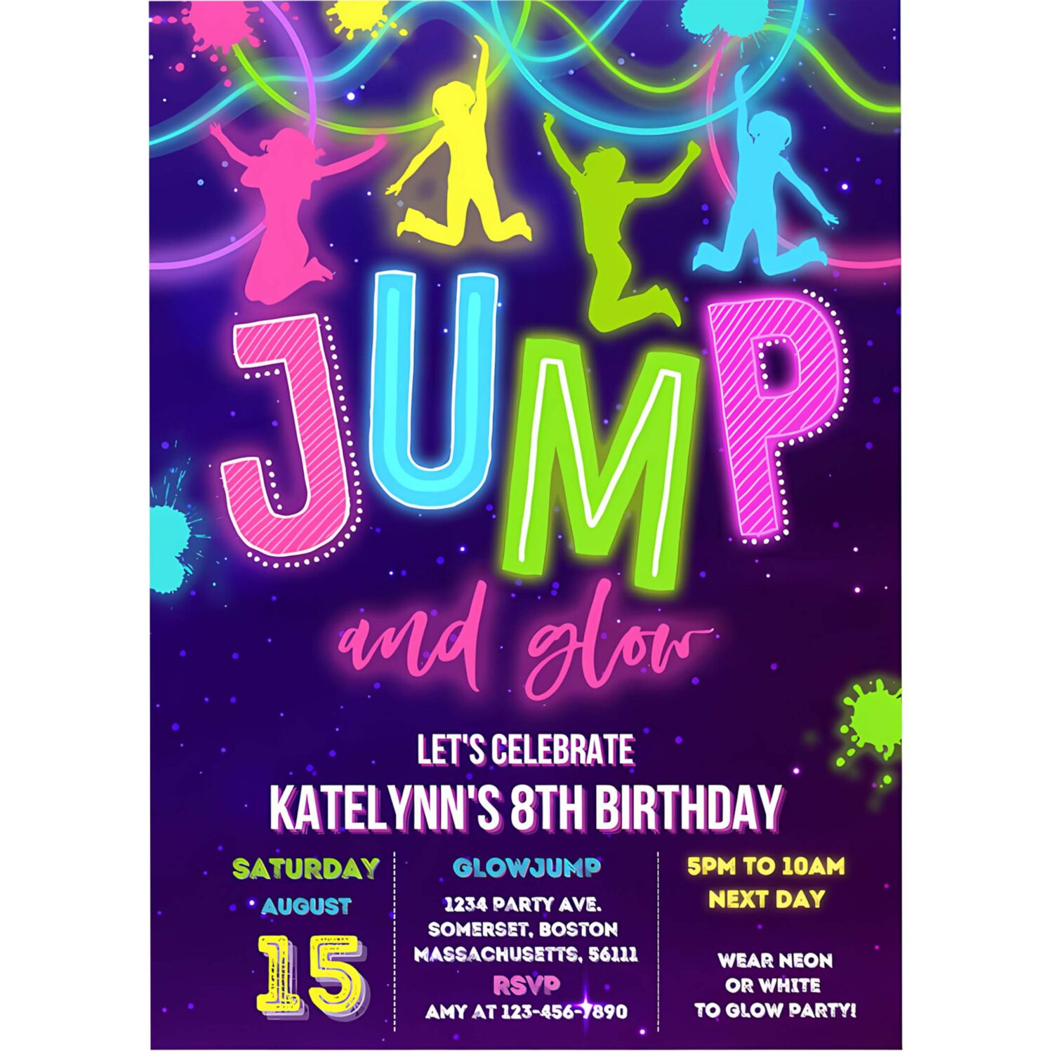 Editable glow jump invitation neon jump birthday invite jump and glow party bounce house glow in the dark jump party 4