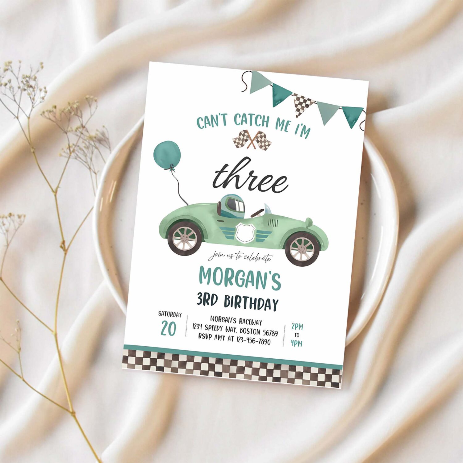 Editable green race car 3rd birthday invitation cant catch me im three race car 3rd birthday party 1