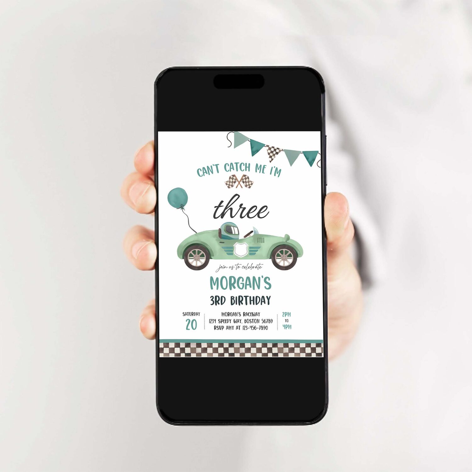 Editable green race car 3rd birthday invitation cant catch me im three race car 3rd birthday party 2