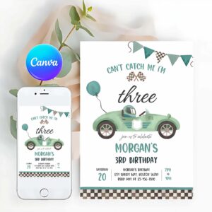 Racing Car Invitation, Race Car 3rd Birthday Invitation, Can't catch Me I'm Three Race Car 3rd Birthday Party Invitation