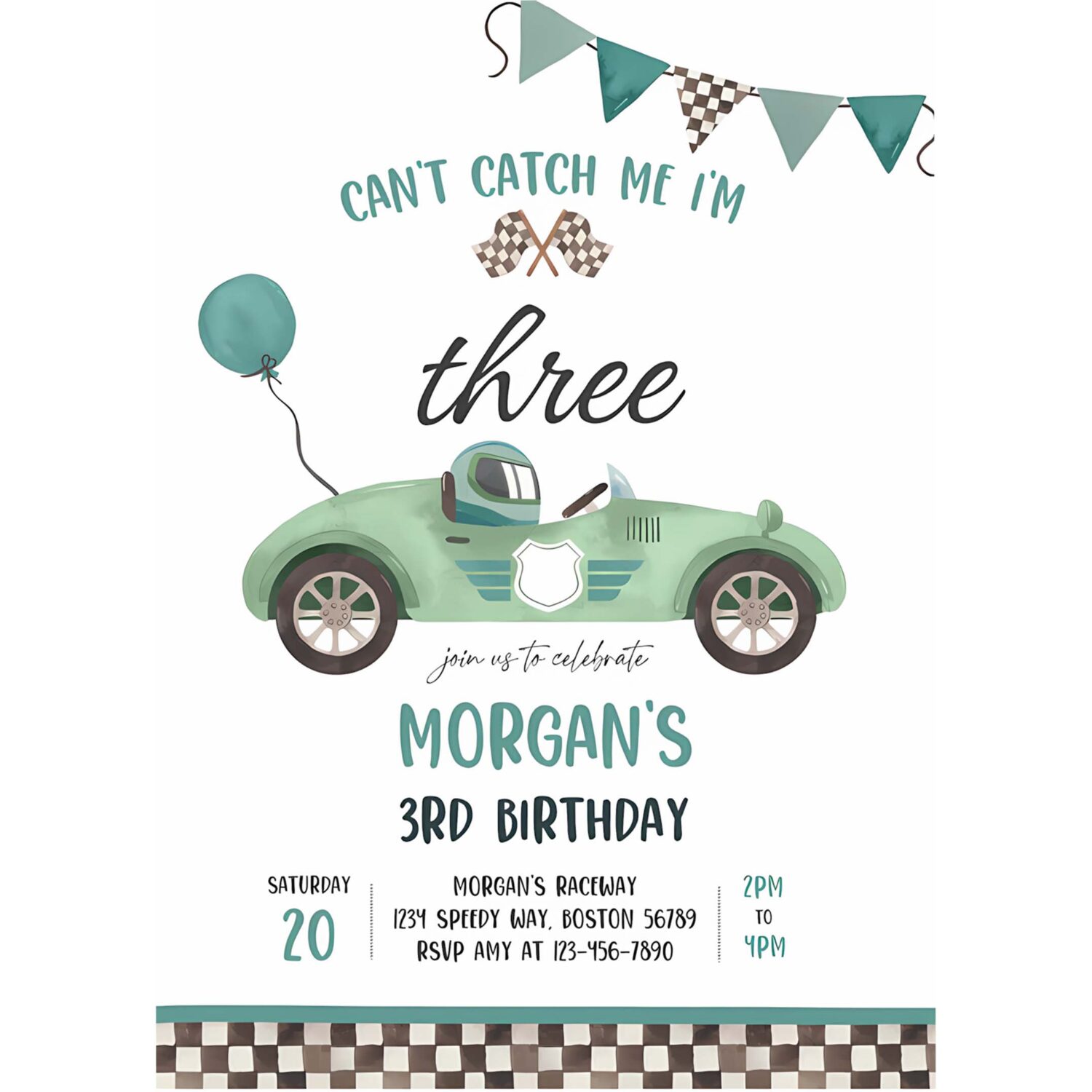 Editable green race car 3rd birthday invitation cant catch me im three race car 3rd birthday party 4