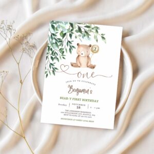 Editable greenery beary first 1st birthday boy teddy bear birthday invitation beary 1st birthday invite template 1