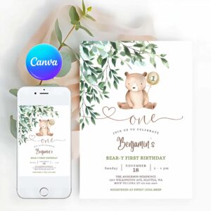 Teddy Bear Invitation, Greenery Beary First Birthday, 1st Birthday, Birthday Boy Teddy Bear Birthday Invitation