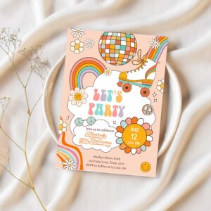 Editable groovy birthday invitation lets party birthday boho retro flower power 70s girl download template corjl digital 0459 1
