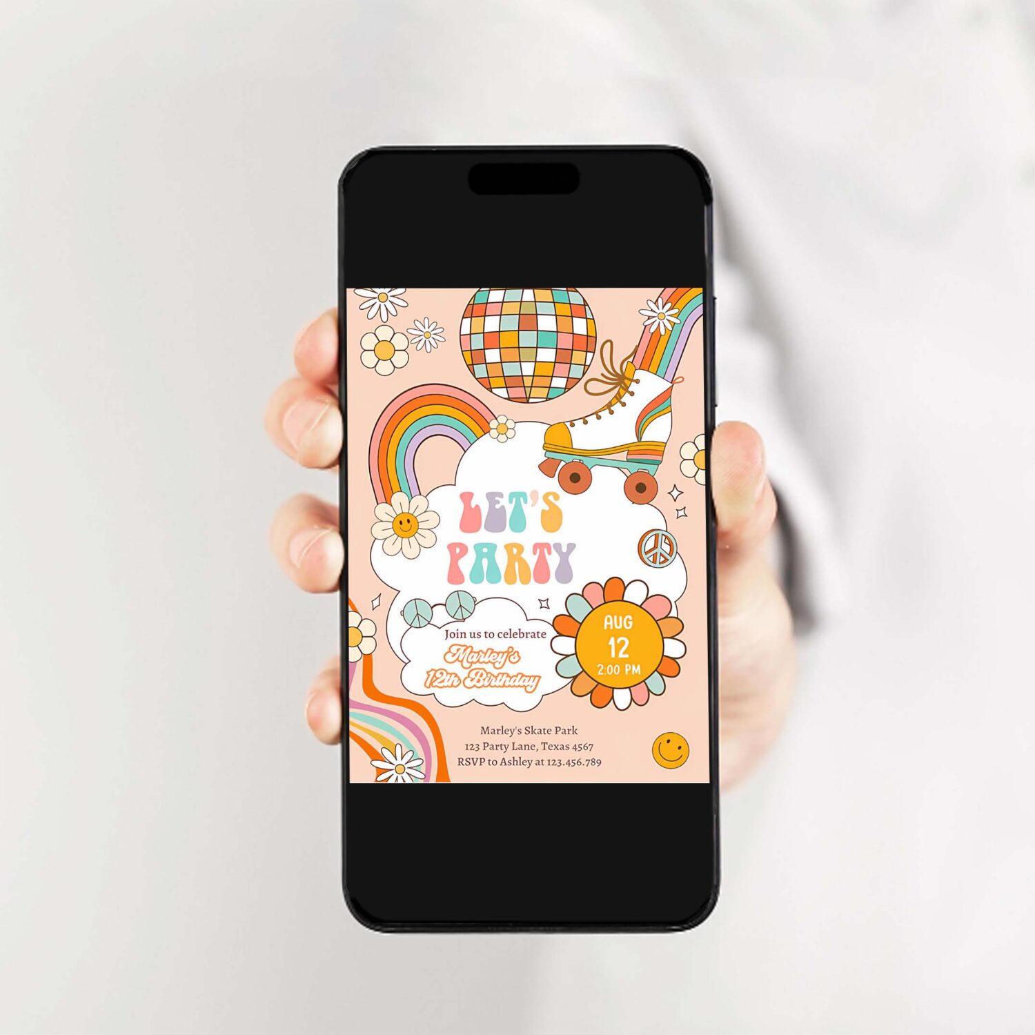 Editable groovy birthday invitation lets party birthday boho retro flower power 70s girl download template corjl digital 0459 2