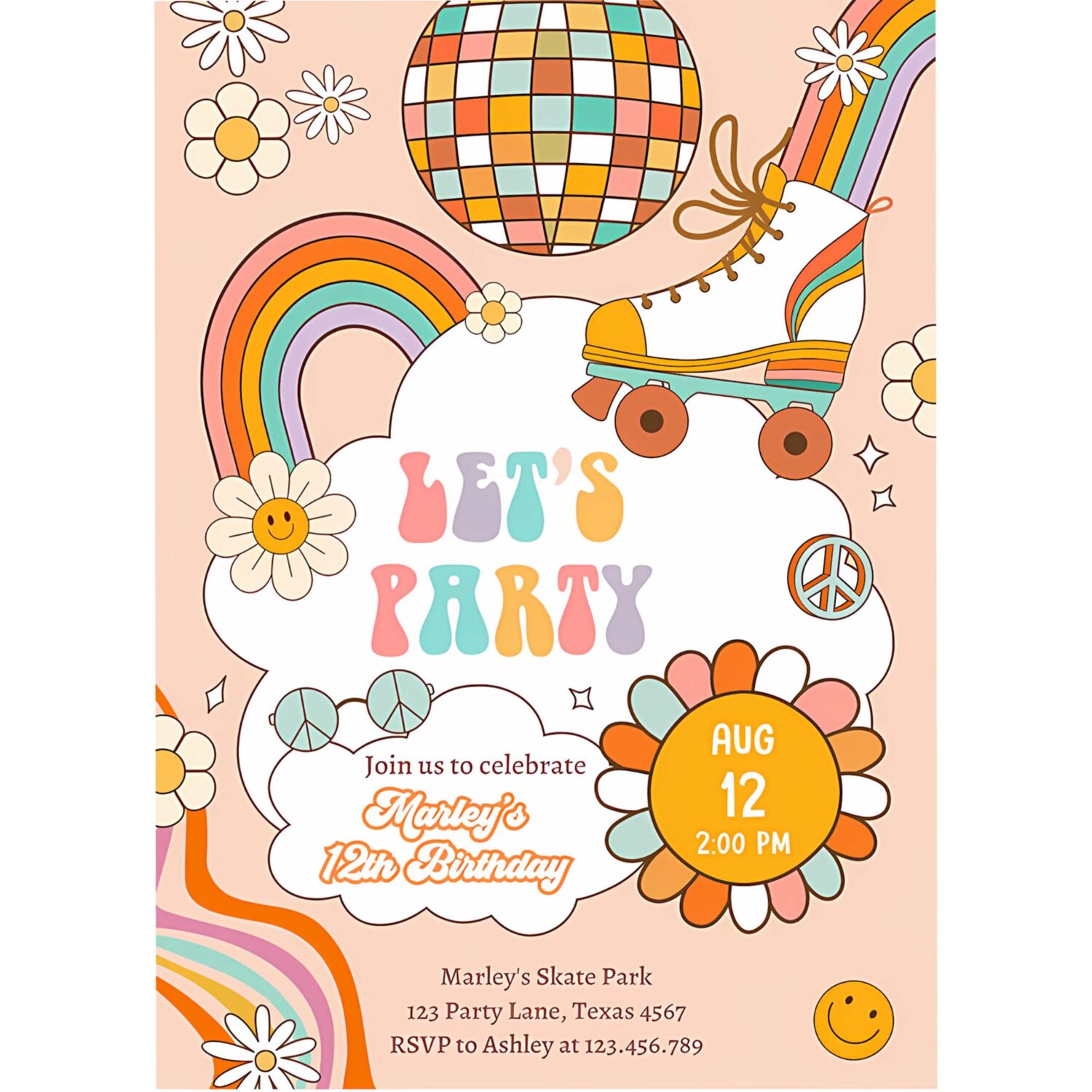 Editable groovy birthday invitation lets party birthday boho retro flower power 70s girl download template corjl digital 0459 4