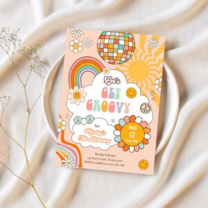 Editable groovy birthday party invitation lets get groovy birthday boho retro flower power girl download template corjl digital 0459 1