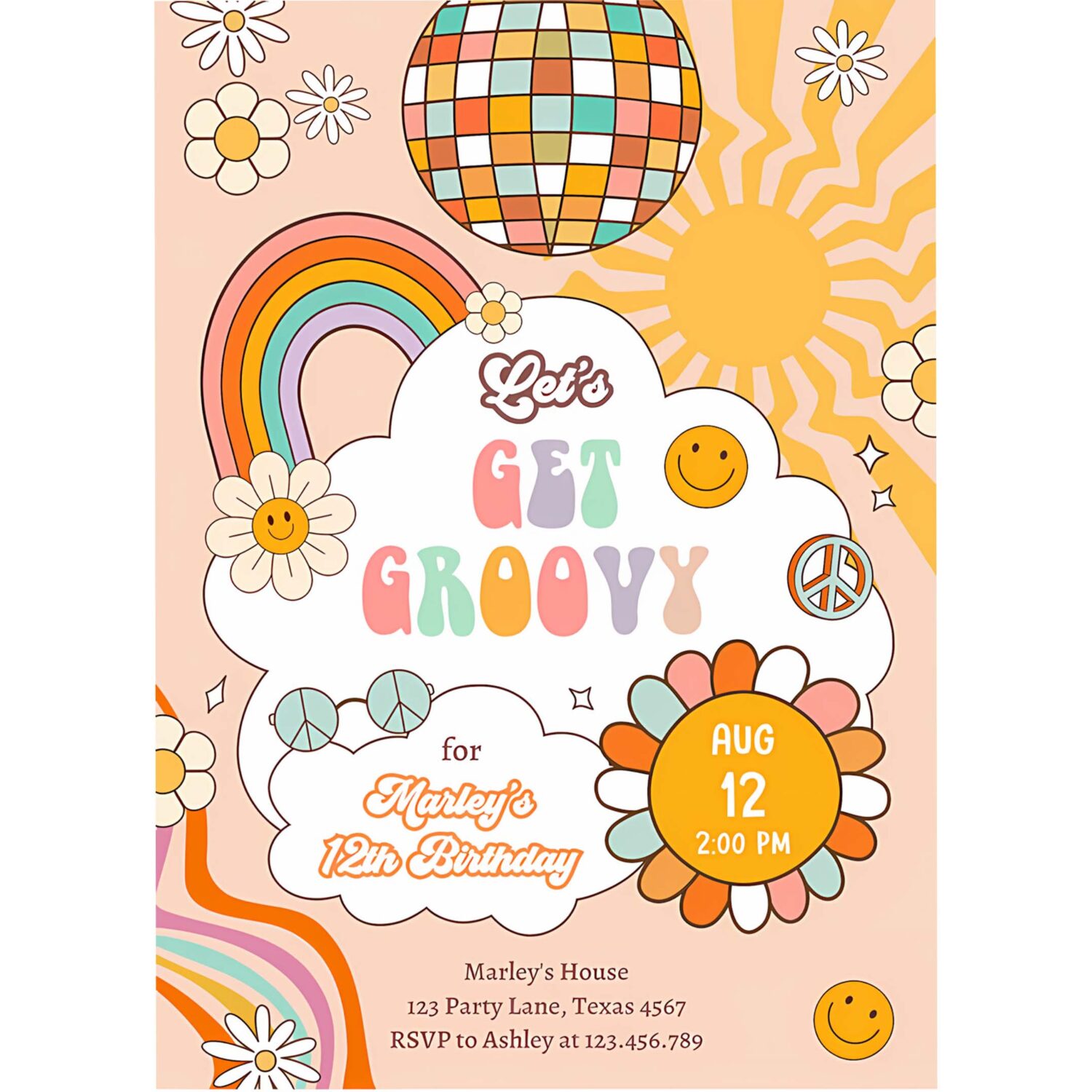 Editable groovy birthday party invitation lets get groovy birthday boho retro flower power girl download template corjl digital 0459 4