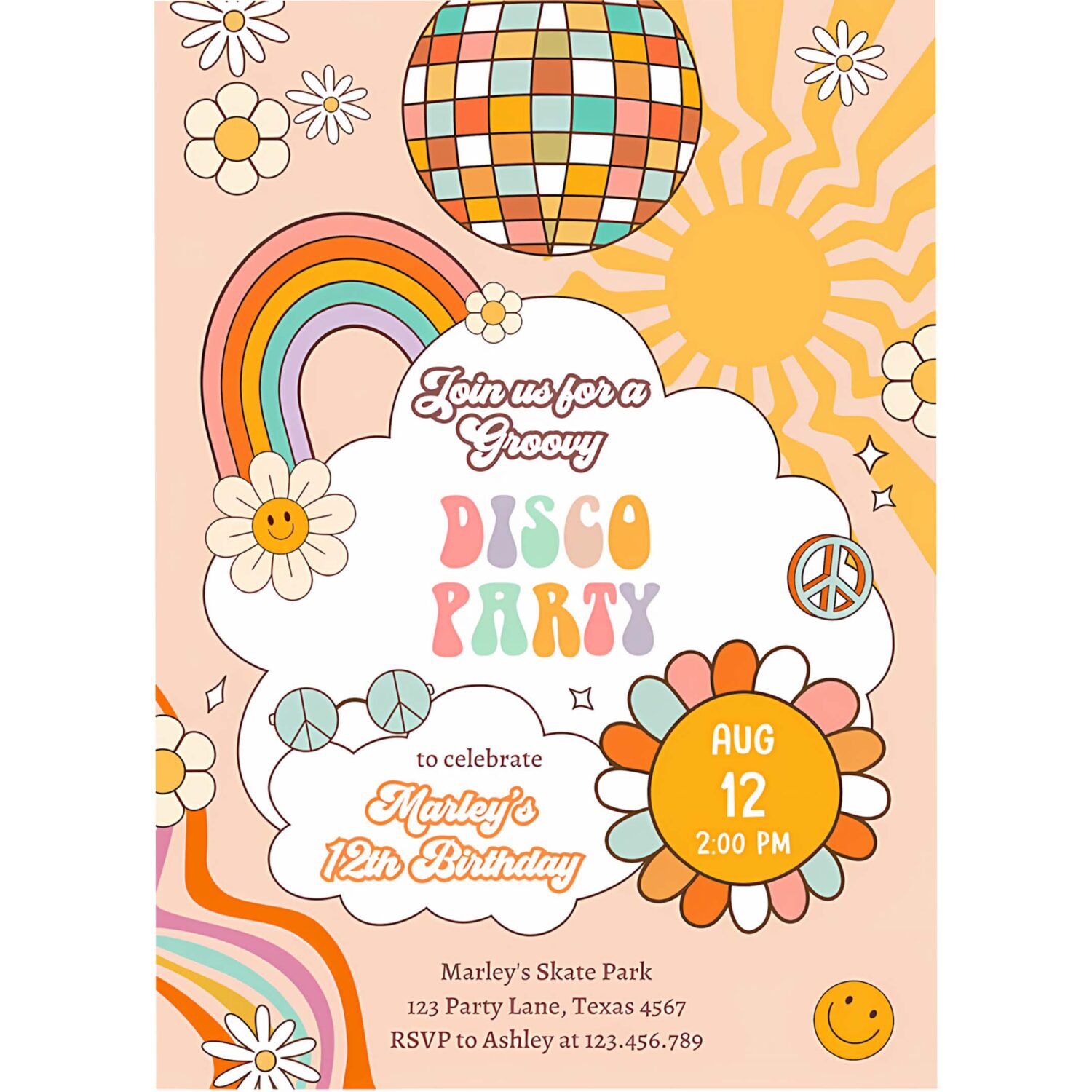 Editable groovy disco birthday party invitation disco party birthday boho retro 80s 70s girl download template corjl digital 0459 4