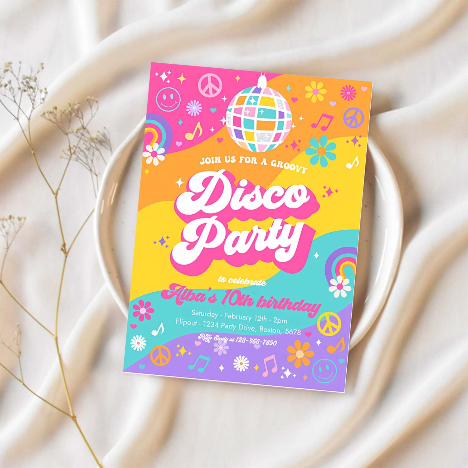 Editable groovy disco party invitation retro hippie floral 70s disco birthday party hippie disco dance birthday party 1