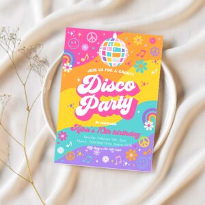 Editable groovy disco party invitation retro hippie floral 70s disco birthday party hippie disco dance birthday party 1