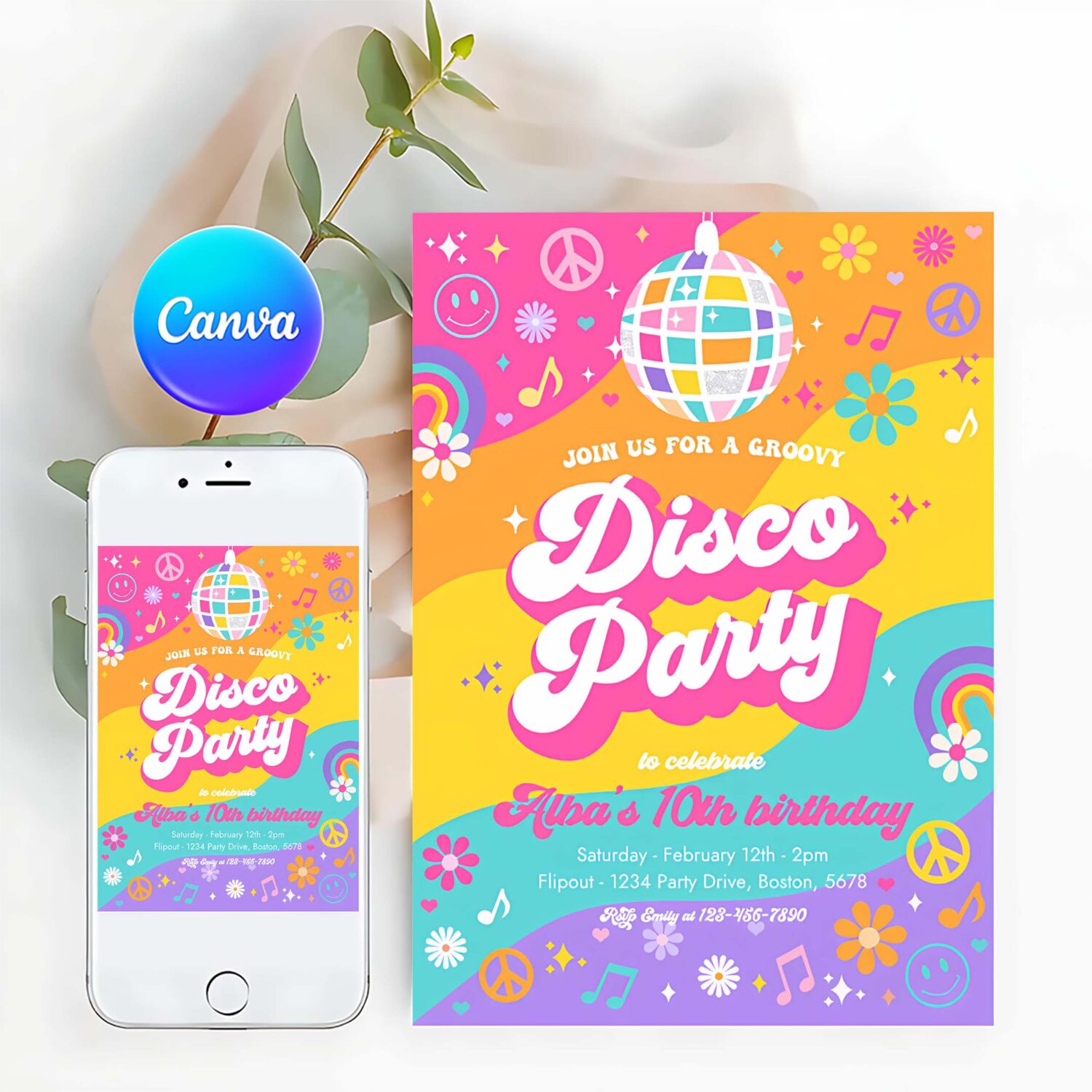 Editable groovy disco party invitation retro hippie floral 70s disco birthday party hippie disco dance birthday party
