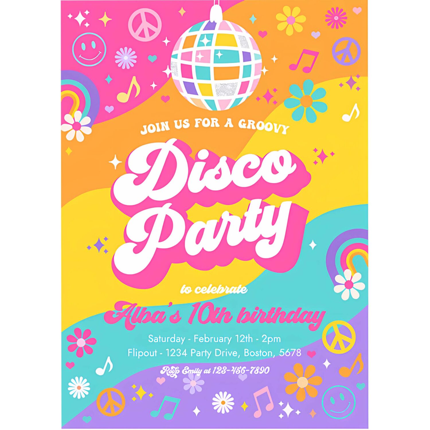 Editable groovy disco party invitation retro hippie floral 70s disco birthday party hippie disco dance birthday party 4