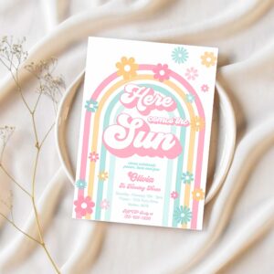 Editable groovy here comes the sun 1st birthday party invitation peace love party rainbow floral daisy hippie 70s part 1