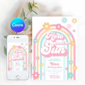 Fun In The Sun Invitation, Groovy Here Comes The Sun 1st Birthday, Birthday Party Invitation