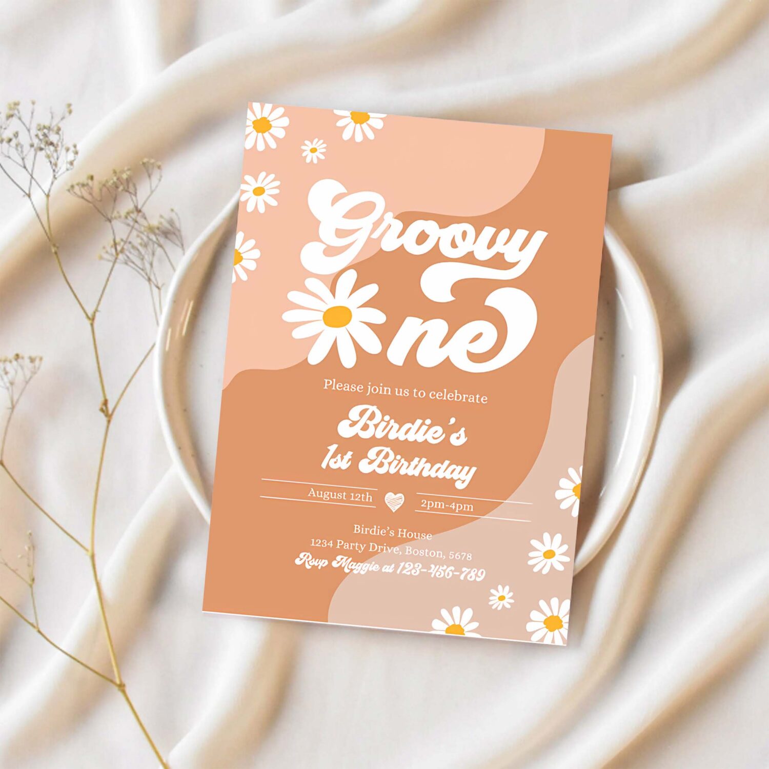 Editable groovy one 1st birthday party invitation boho retro groovy hippie floral 70s birthday party daisy hippie party 1