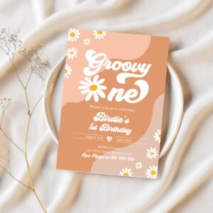 Editable groovy one 1st birthday party invitation boho retro groovy hippie floral 70s birthday party daisy hippie party 1