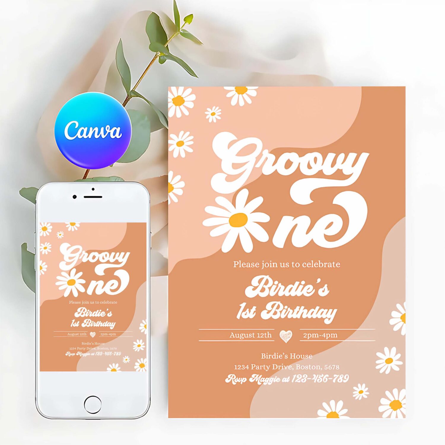 Editable groovy one 1st birthday party invitation boho retro groovy hippie floral 70s birthday party daisy hippie party