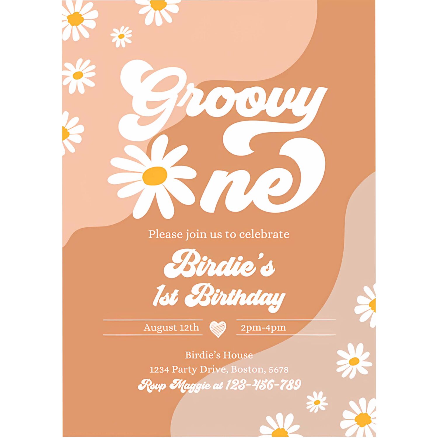 Editable groovy one 1st birthday party invitation boho retro groovy hippie floral 70s birthday party daisy hippie party 4