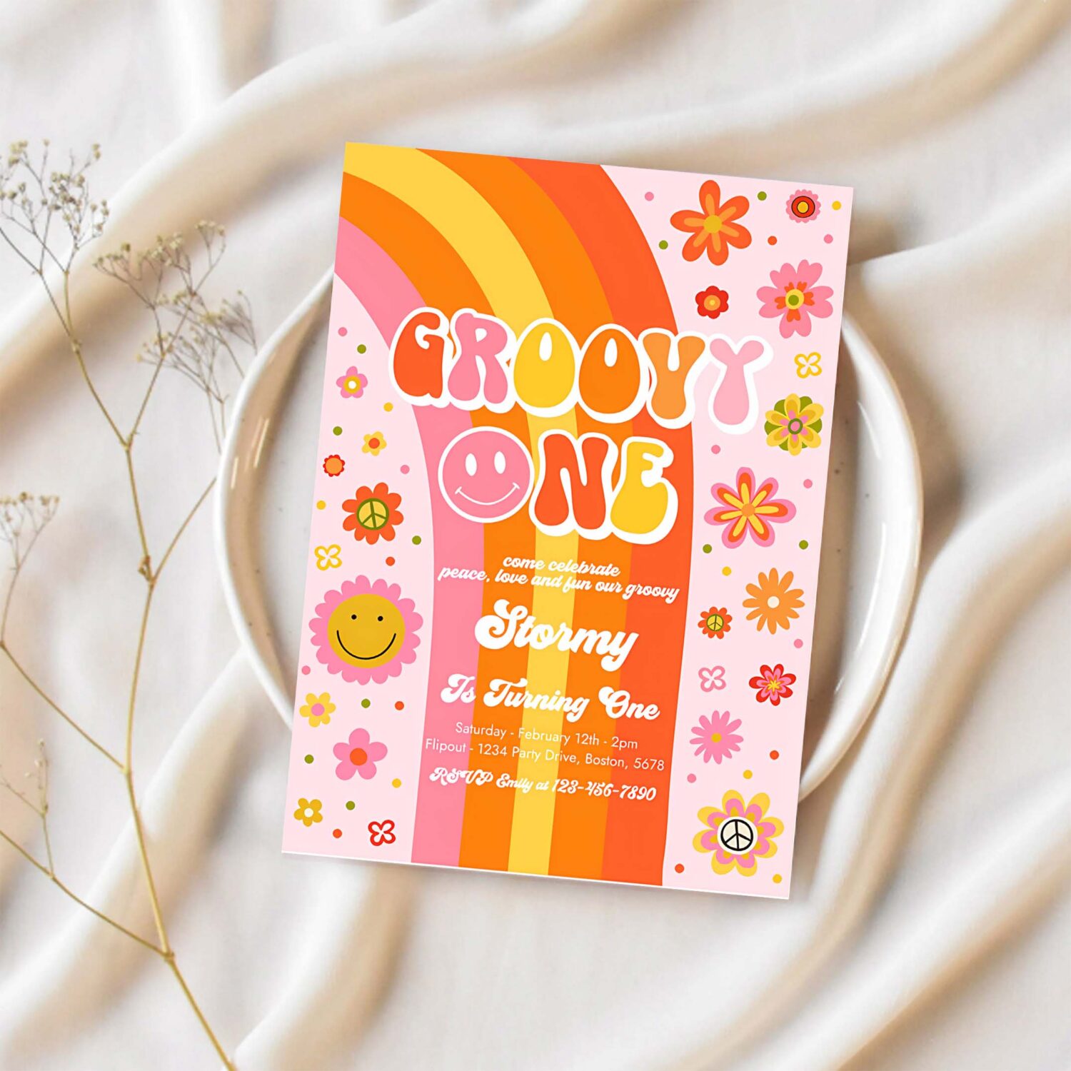 Editable groovy one birthday party invitation peace love party groovy rainbow party hippie 70s floral 1st birthday party 1