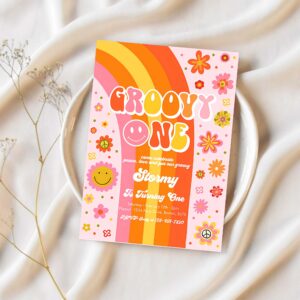 Editable groovy one birthday party invitation peace love party groovy rainbow party hippie 70s floral 1st birthday party 1