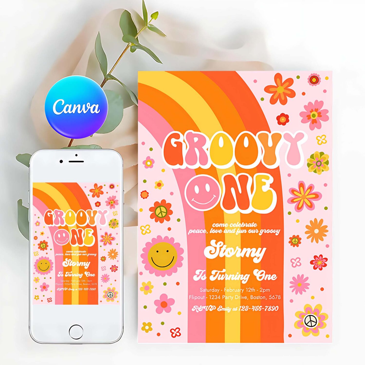Editable groovy one birthday party invitation peace love party groovy rainbow party hippie 70s floral 1st birthday party