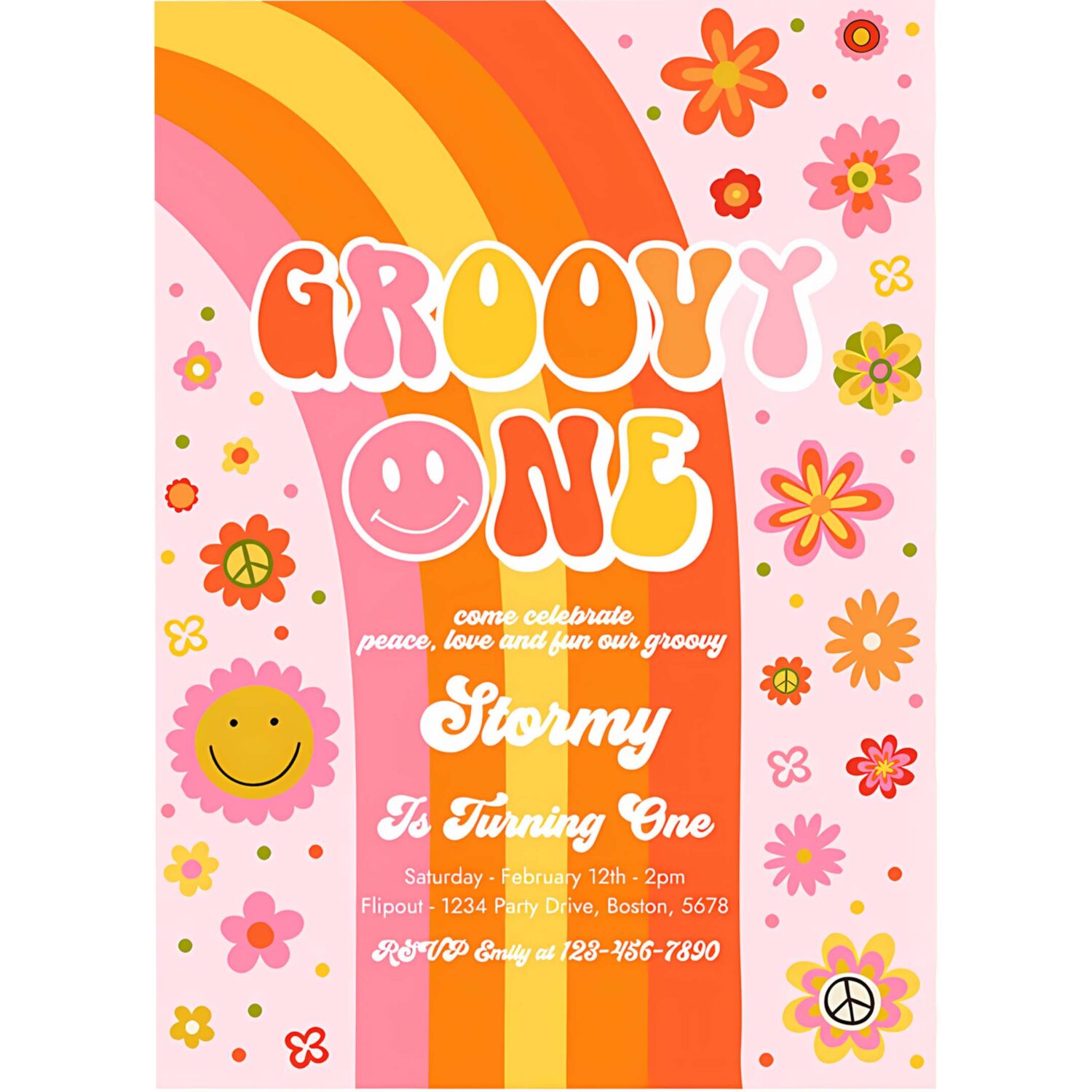 Editable groovy one birthday party invitation peace love party groovy rainbow party hippie 70s floral 1st birthday party 4