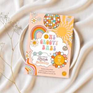 Editable groovy one retro 1st birthday invitation first birthday one groovy babe invite peace love download template corjl digital 0459 1