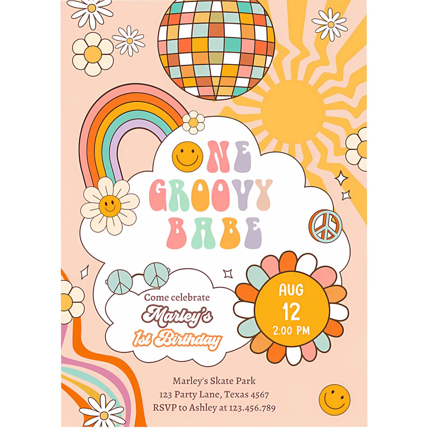 Editable groovy one retro 1st birthday invitation first birthday one groovy babe invite peace love download template corjl digital 0459 4