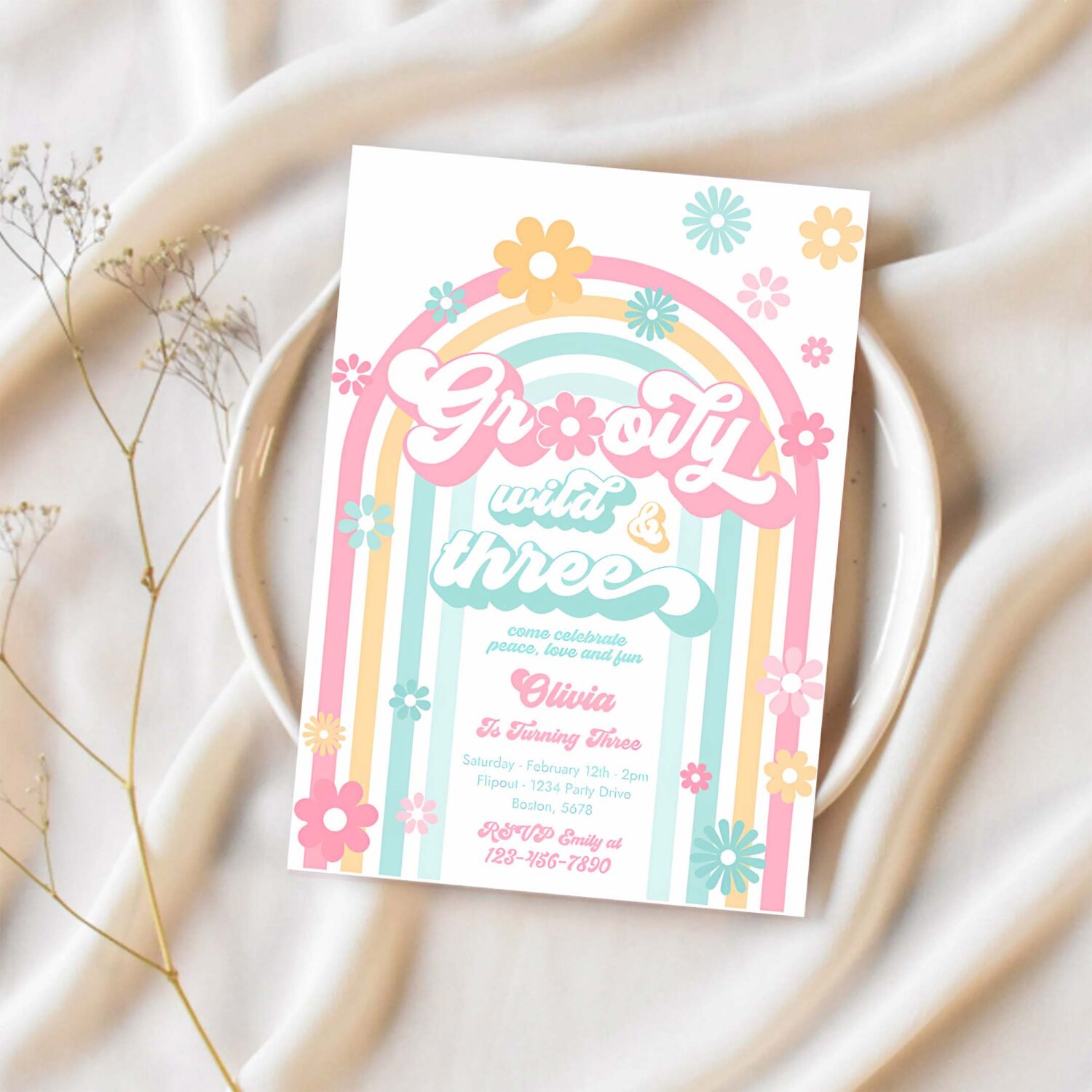 Editable groovy wild and three 3rd birthday party invitation peace love groovy rainbow party hippie 70s birthday 1