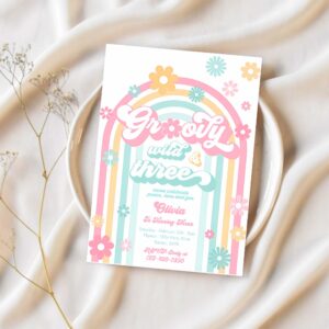 Editable groovy wild and three 3rd birthday party invitation peace love groovy rainbow party hippie 70s birthday 1