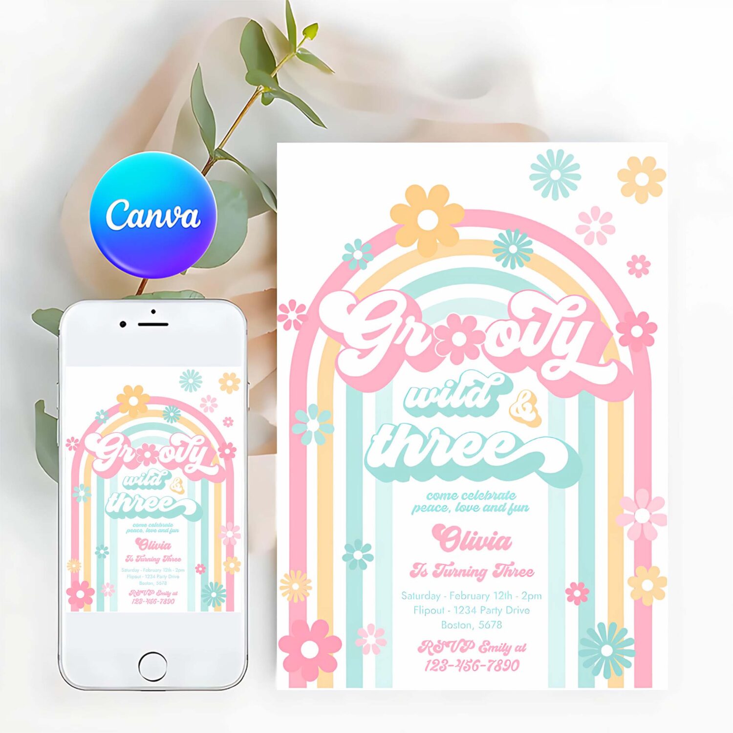 Editable groovy wild and three 3rd birthday party invitation peace love groovy rainbow party hippie 70s birthday