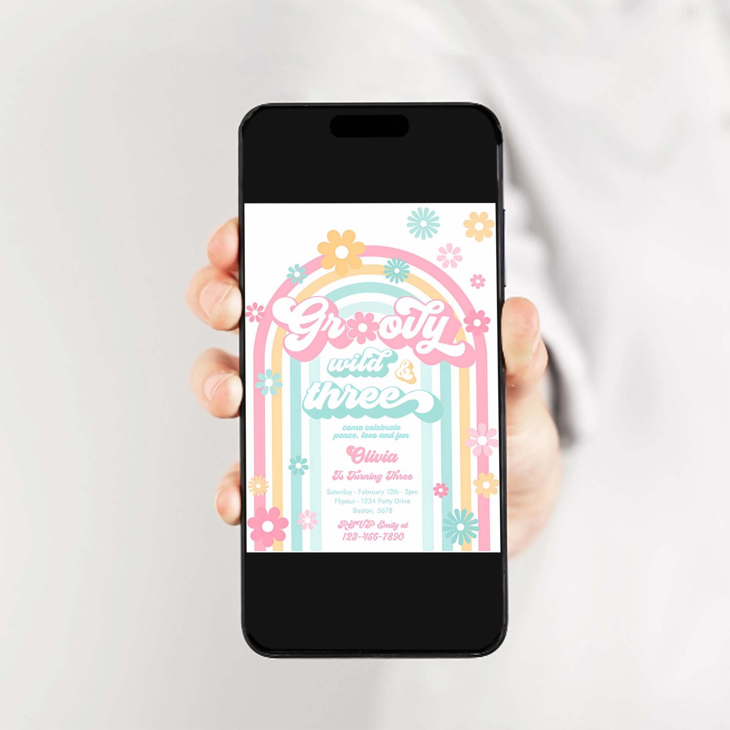 Editable groovy wild and three 3rd birthday party invitation peace love groovy rainbow party hippie 70s birthday 2
