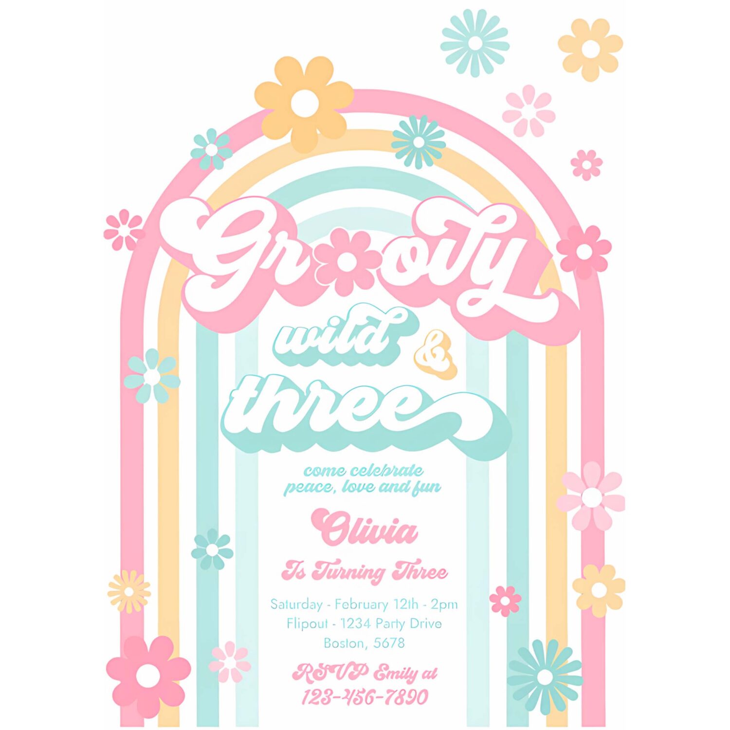 Editable groovy wild and three 3rd birthday party invitation peace love groovy rainbow party hippie 70s birthday 4