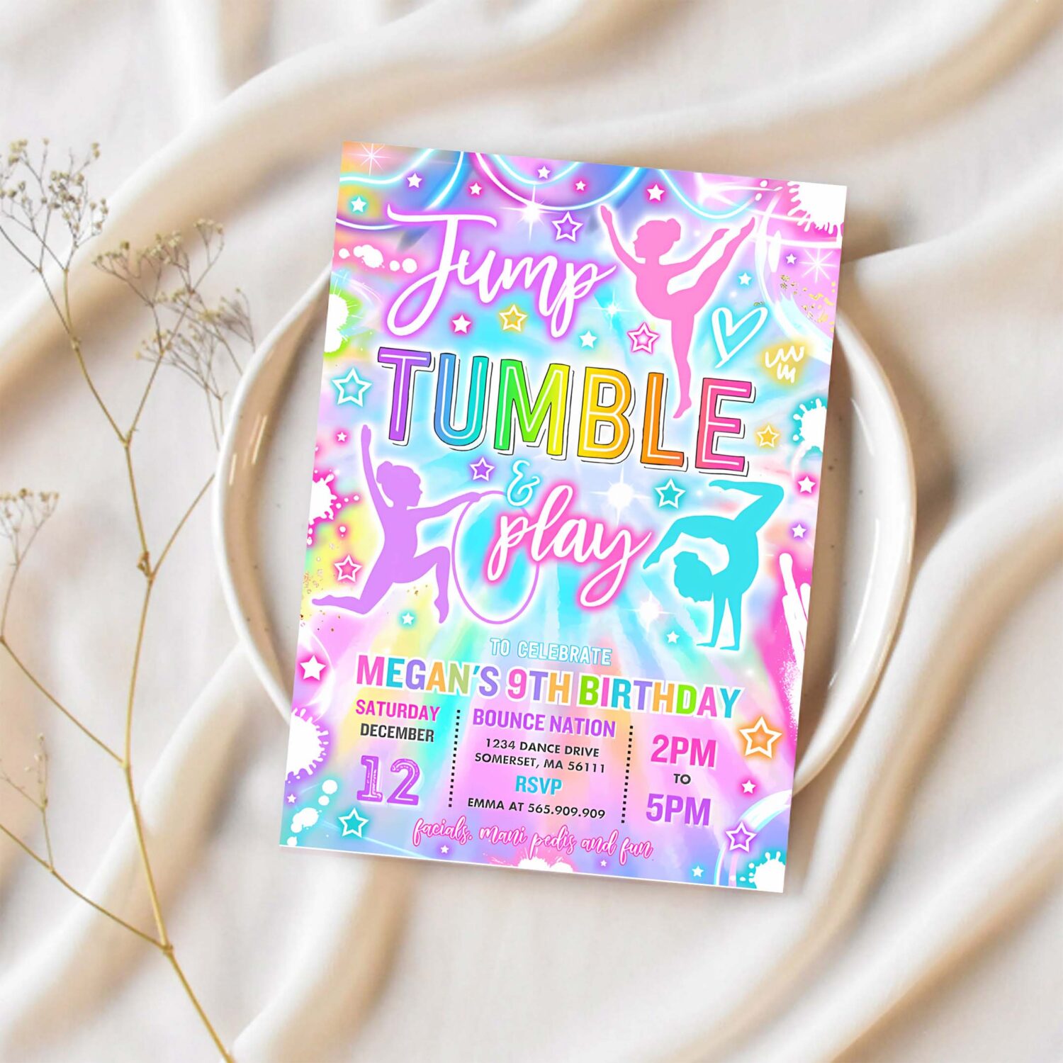Editable gymnastics birthday party invitation neon glow gymnastics party jump tumble play gymnastics birthday party instant download t65 1