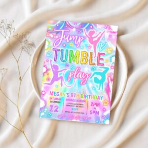 Editable gymnastics birthday party invitation neon glow gymnastics party jump tumble play gymnastics birthday party instant download t65 1