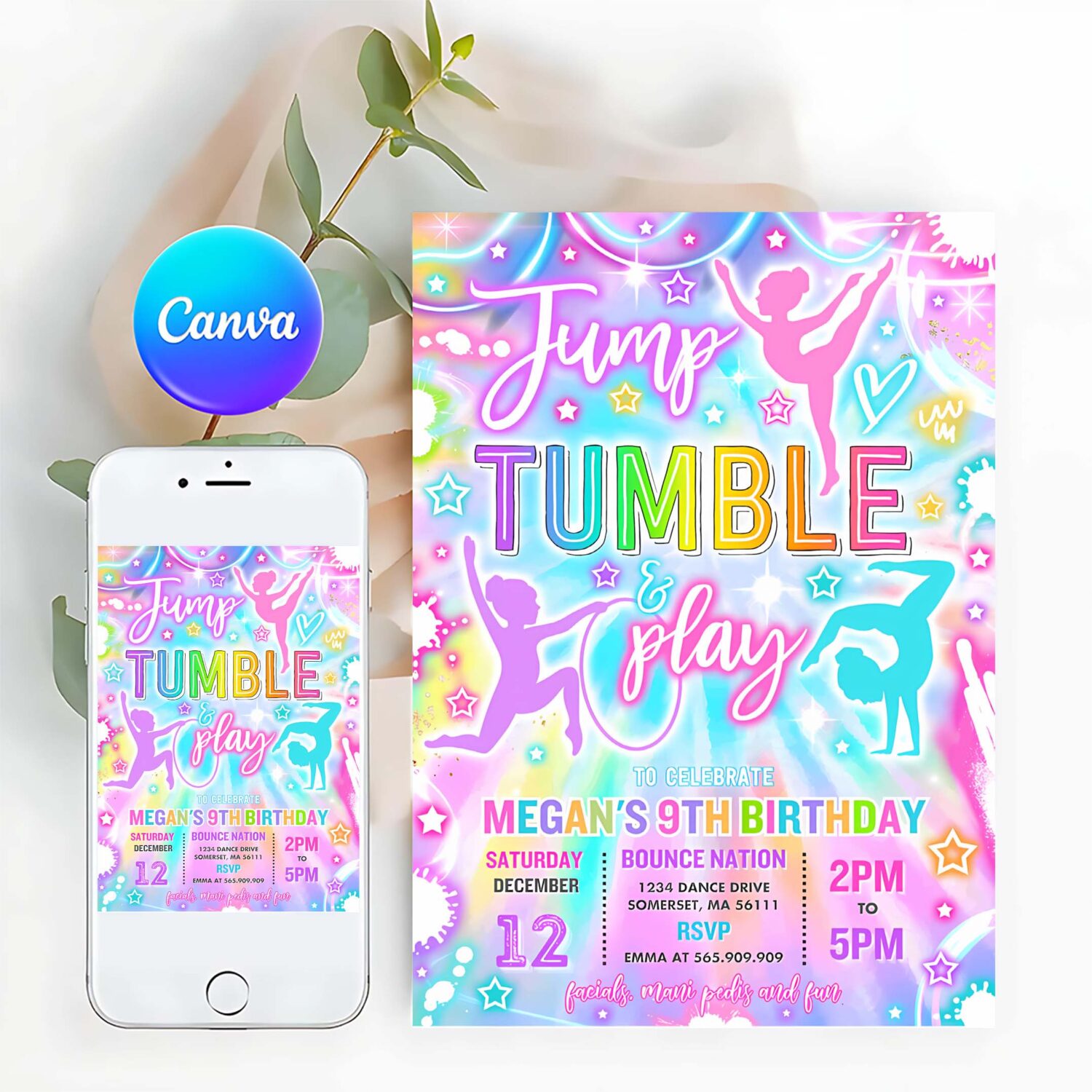 Editable gymnastics birthday party invitation neon glow gymnastics party jump tumble play gymnastics birthday party instant download t65