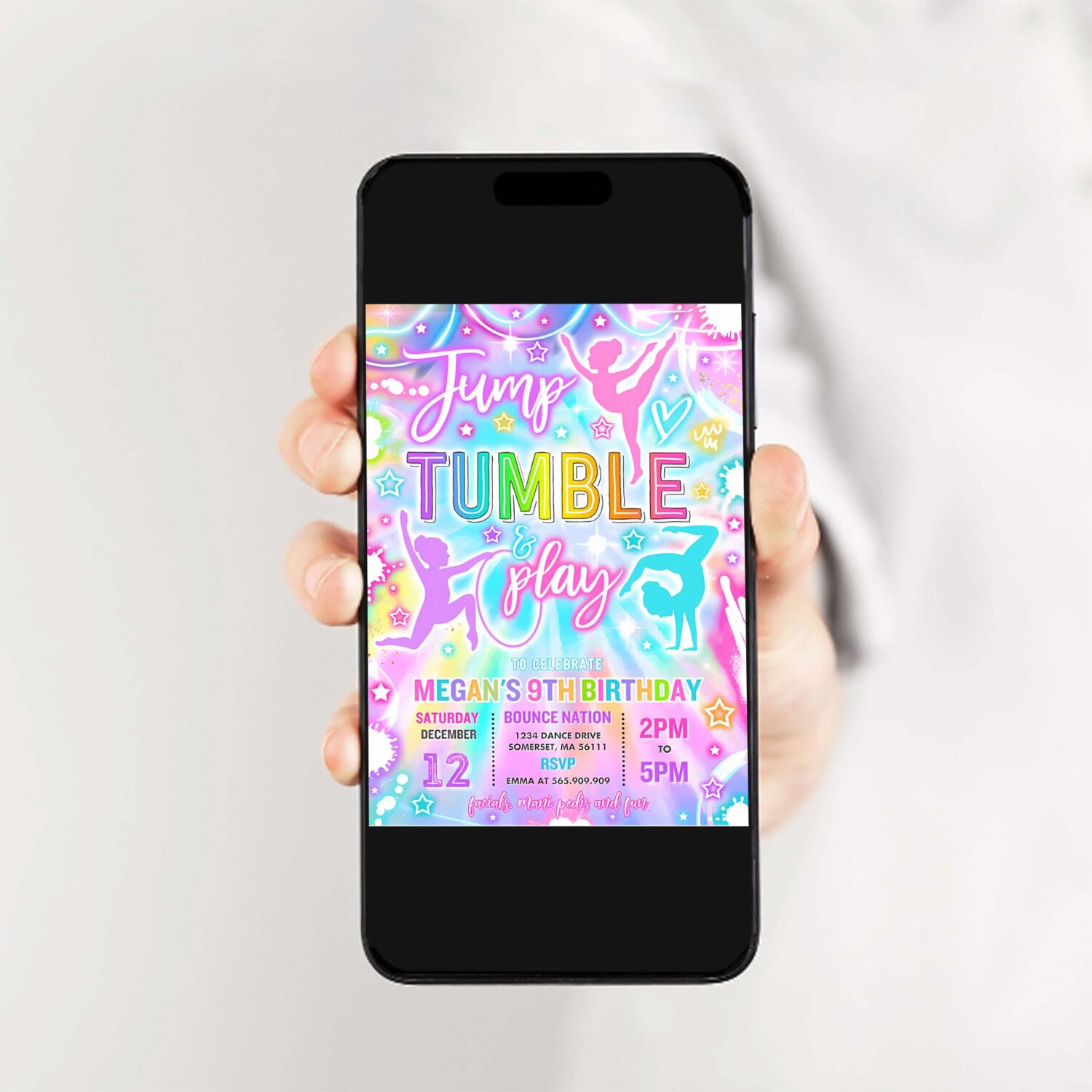 Editable gymnastics birthday party invitation neon glow gymnastics party jump tumble play gymnastics birthday party instant download t65 2