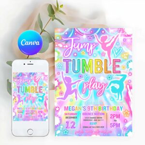 Neon Invitation, Gymnastics Birthday Party Invitation Neon Glow Gymnastics Party Jump Tumble & Play Gymnastics Birthday Party