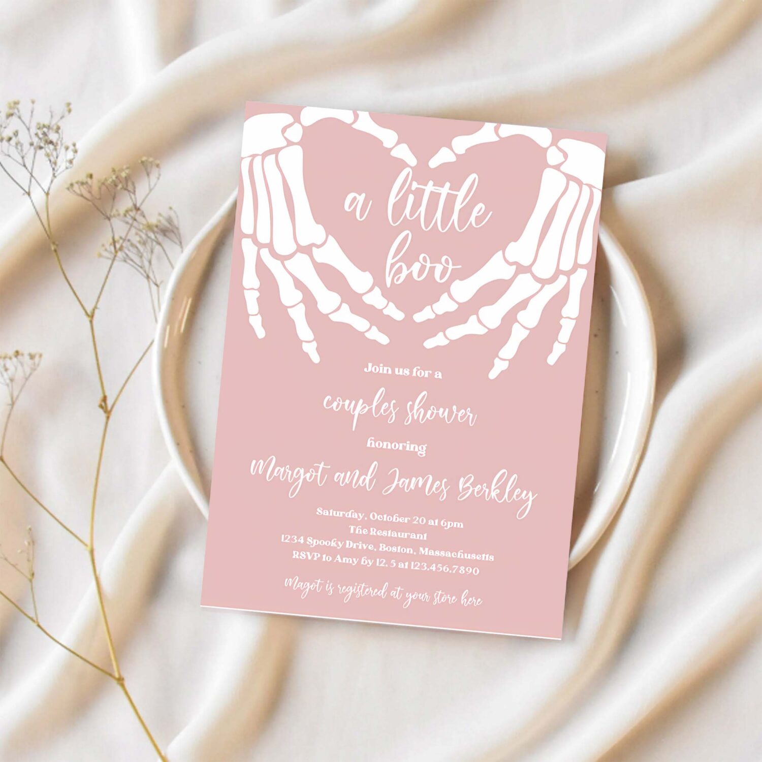 Editable halloween baby shower invitation gothic skellington love hands a little boo is almost due halloween shower instant download ju1 1