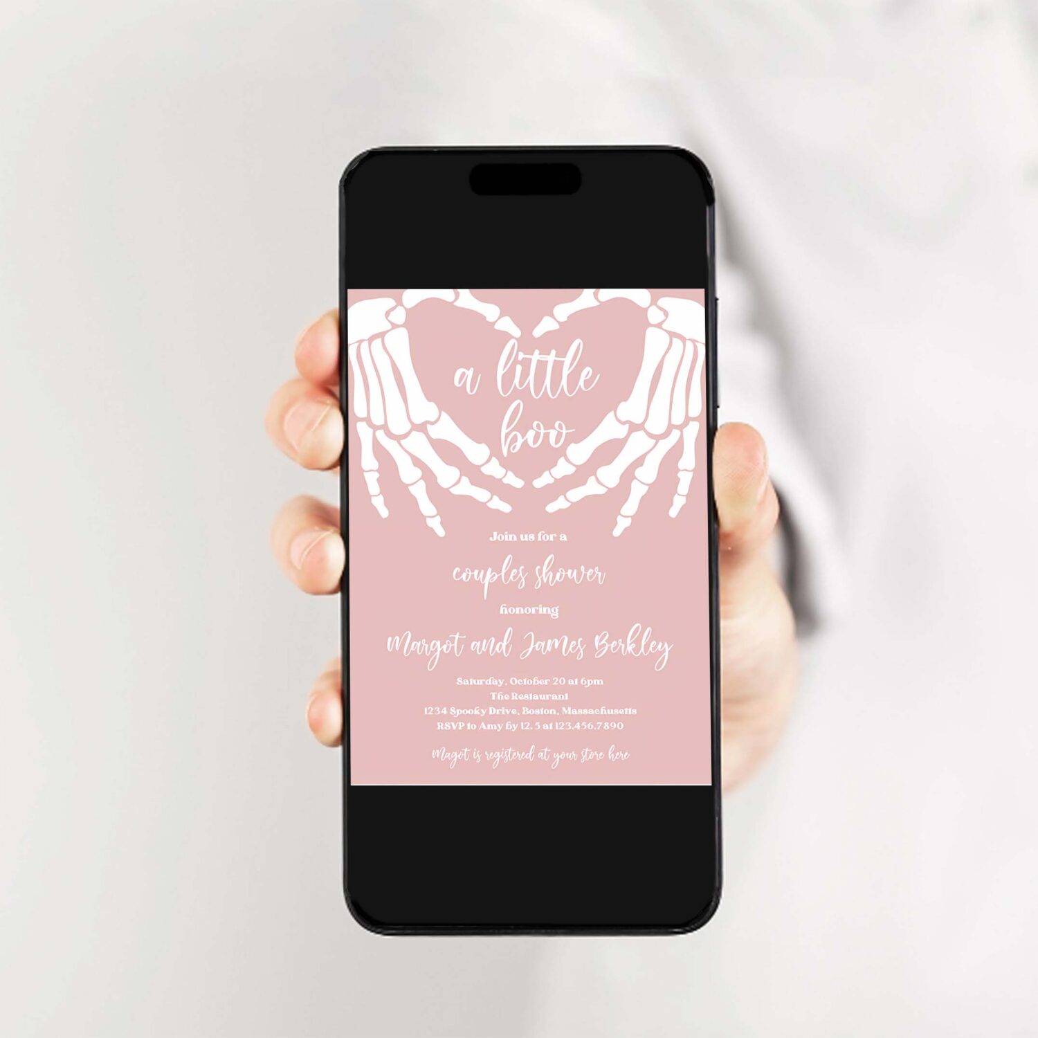 Editable halloween baby shower invitation gothic skellington love hands a little boo is almost due halloween shower instant download ju1 2