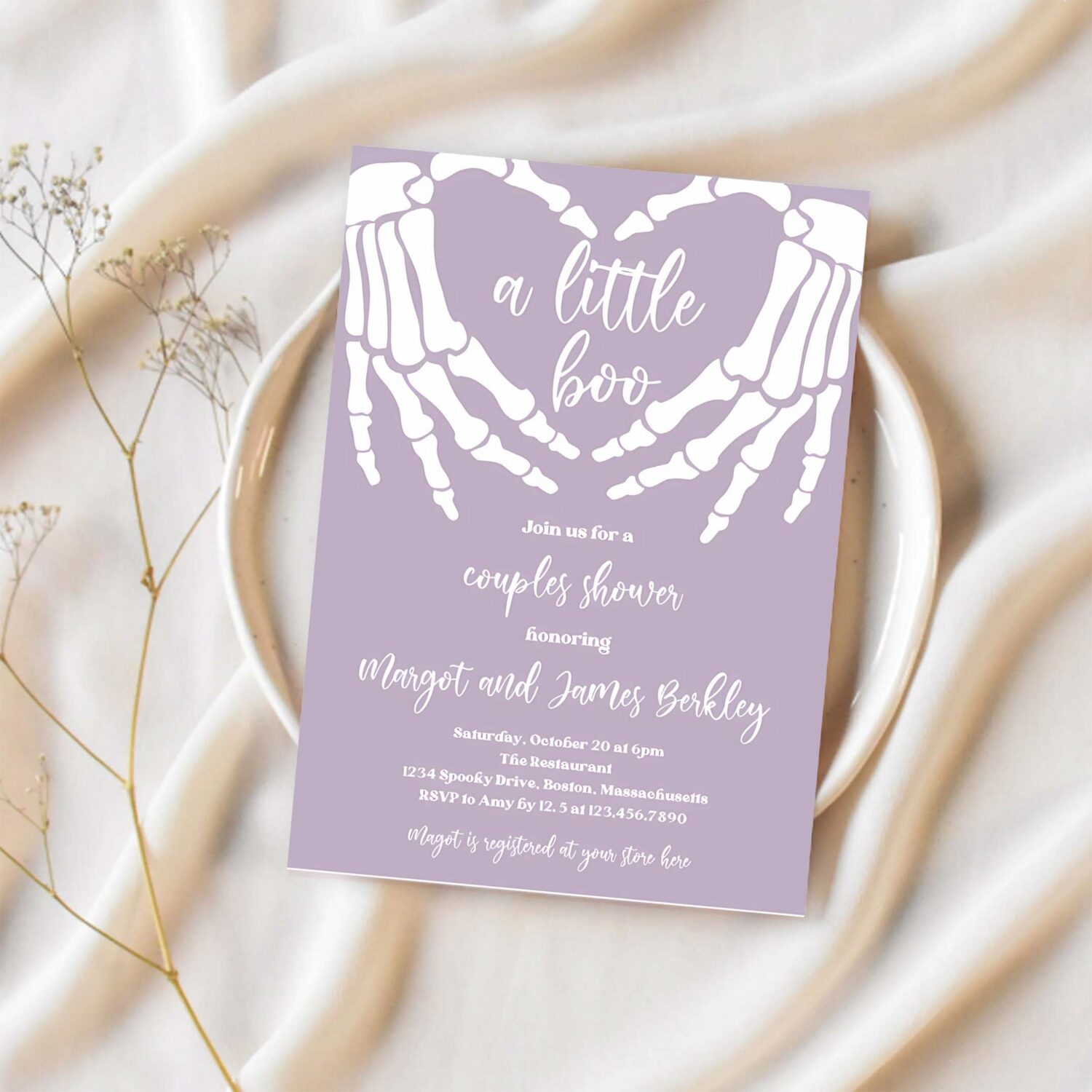 Editable halloween baby shower invitation gothic skellington love hands a little boo is almost due halloween shower instant download ju2 1