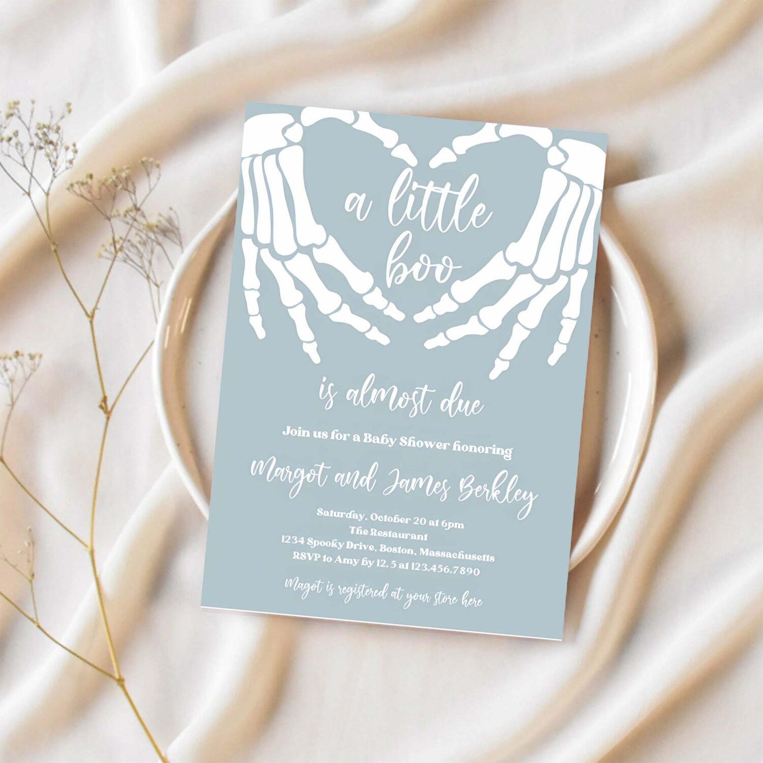 Editable halloween baby shower invitation gothic skellington love hands a little boo is almost due halloween shower instant download ju3 1